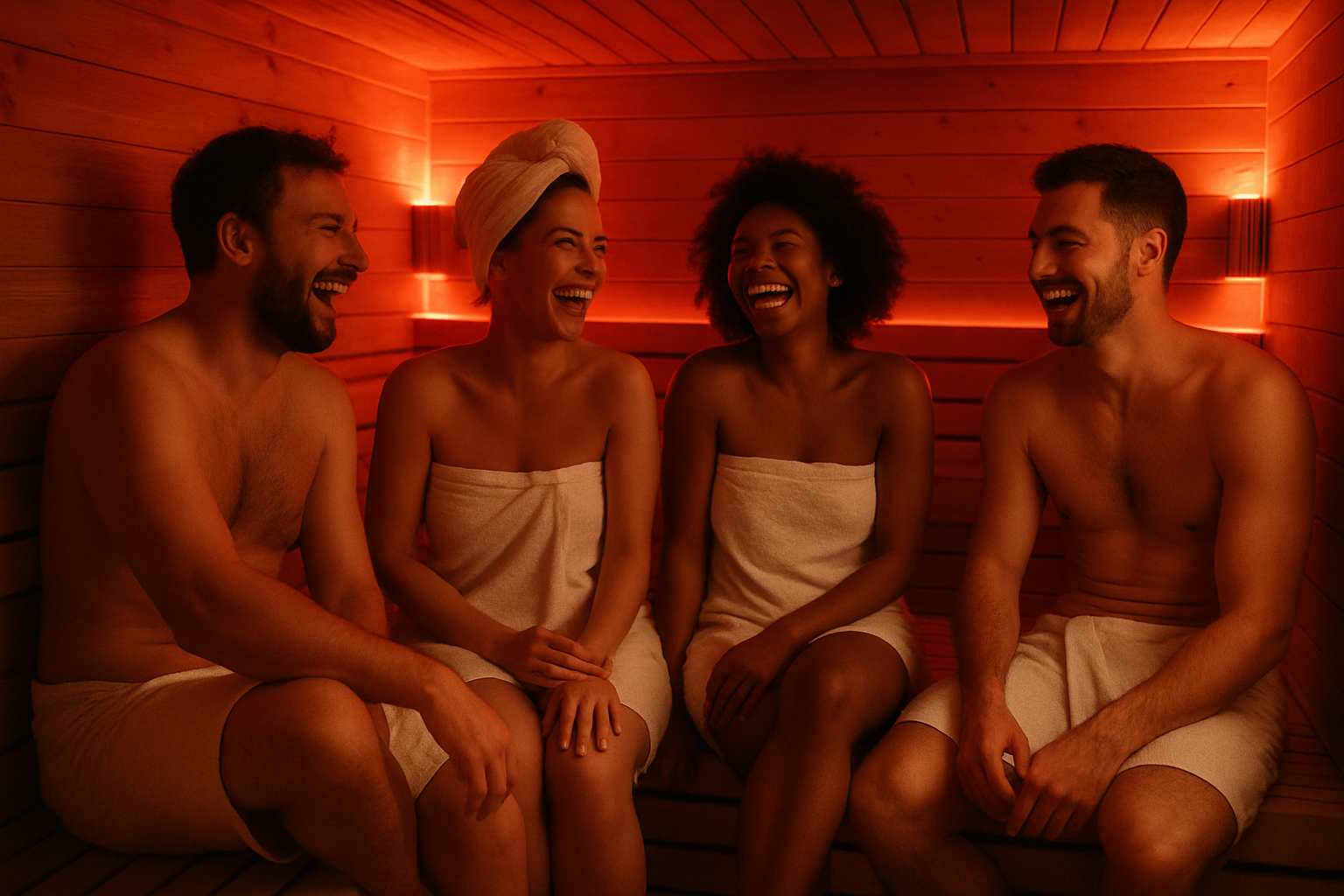 group of people laughing in sauna, red LED lighting 